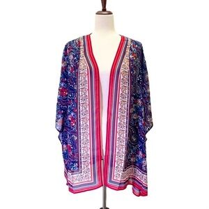 NWT Belle by Kim Gravel Navy Border Print Woven Cardigan